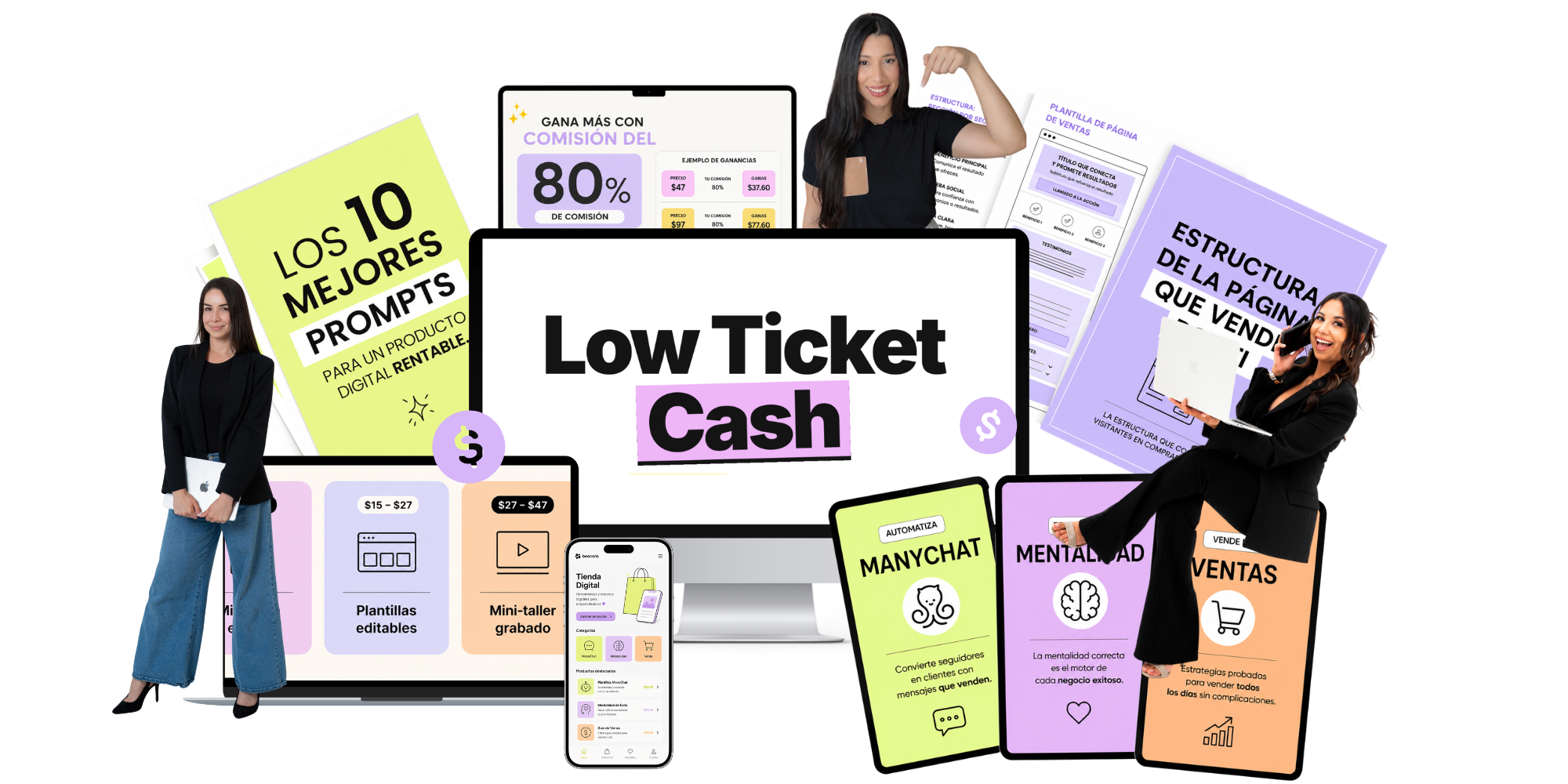 Mockup de Low Ticket Cash mostrando el producto en computadora, tablet y móvil
